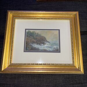 Framed Signed Sylvia Dyer Acrylic Painting: Island Cliffs Brunswick Maine Artist